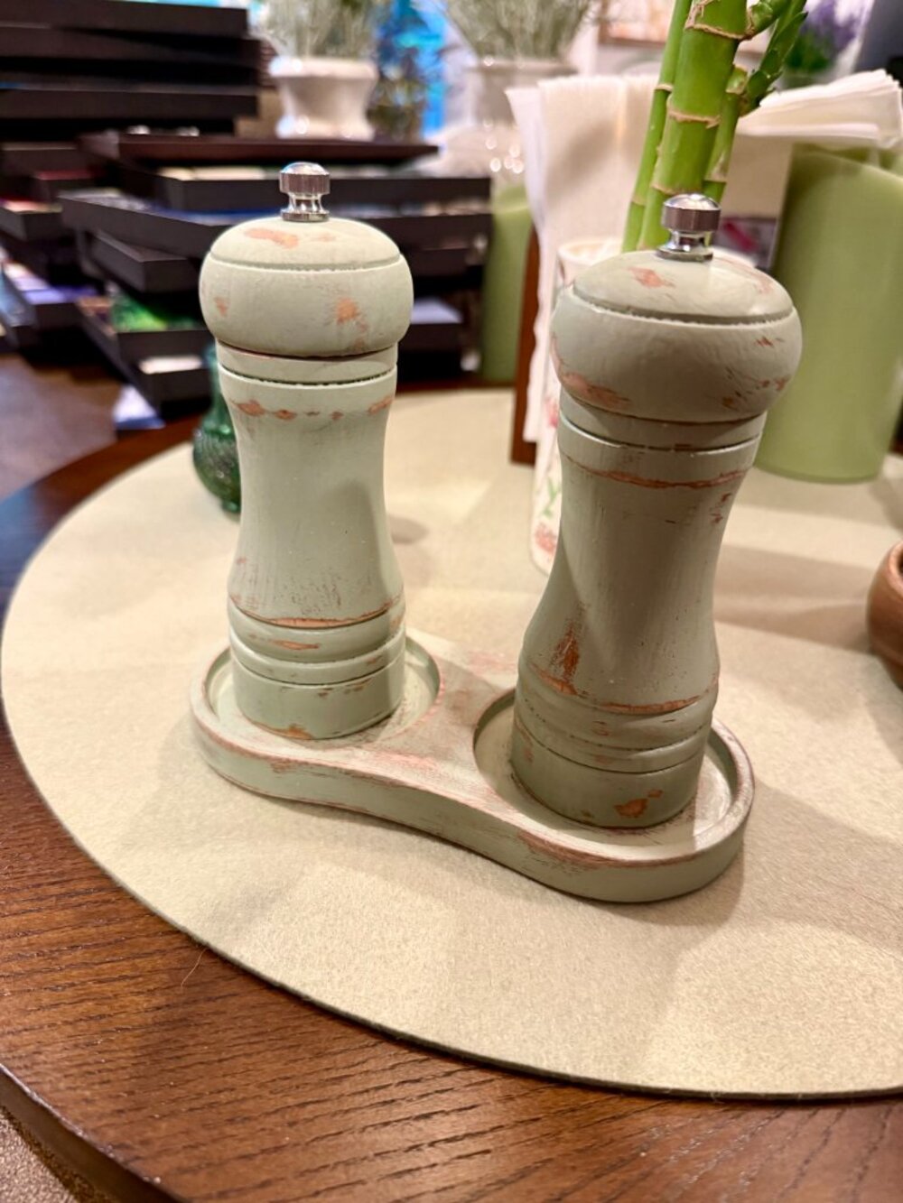 Rustic Distressed Hand Painted Wood Sage Green Salt & Pepper Grinder Set w/Tray - Picture 12 of 12